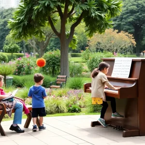 Families enjoying public pianos in a botanical garden in San Francisco