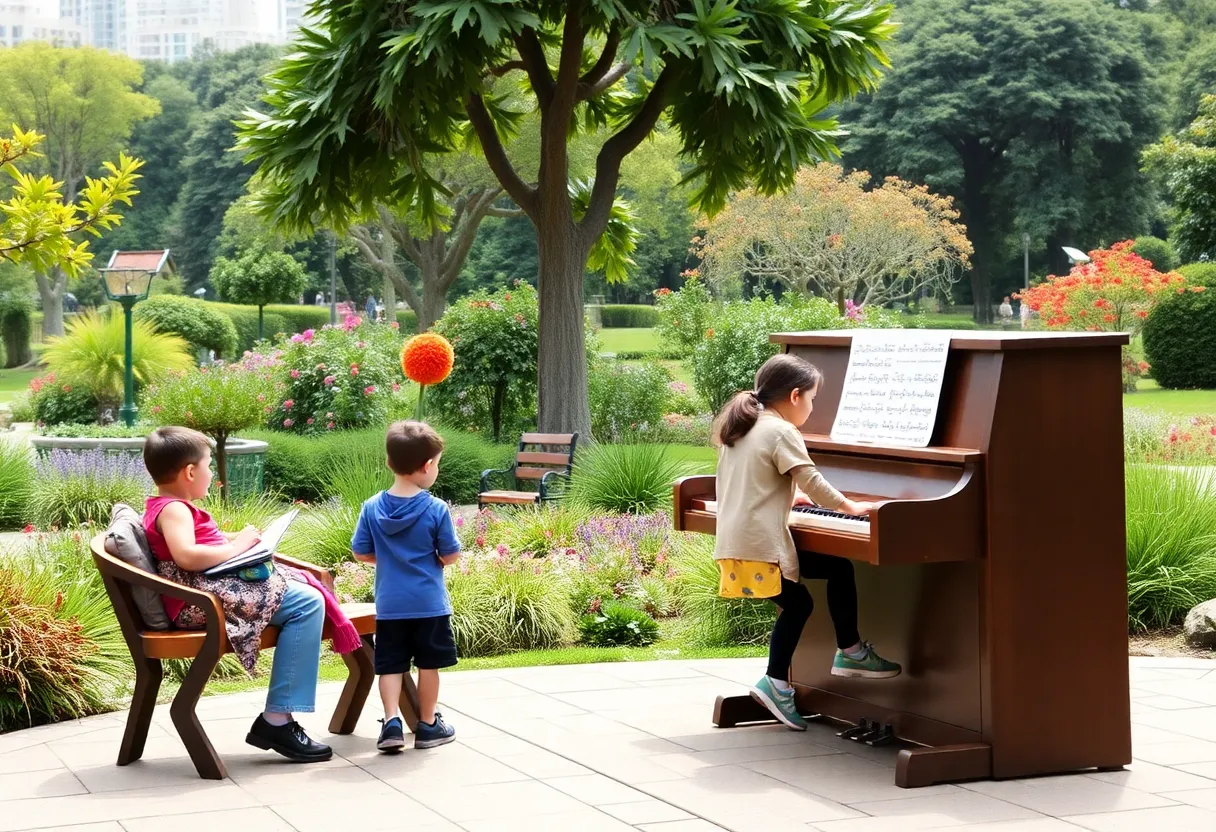 Families enjoying public pianos in a botanical garden in San Francisco