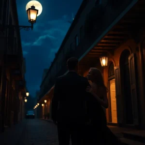 Couple exploring the haunted French Quarter at night