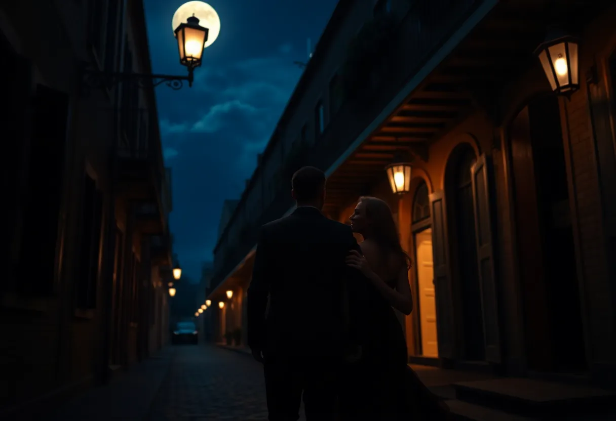 Couple exploring the haunted French Quarter at night