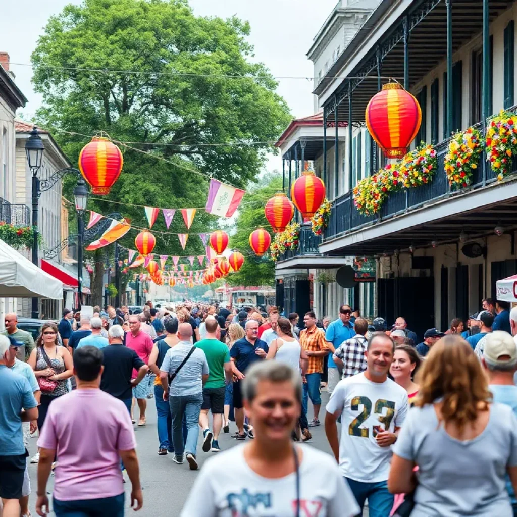 People celebrating at a festival in New Orleans with live music and food stalls.