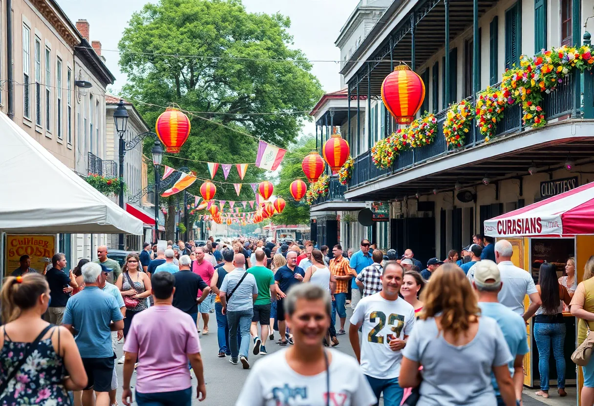 People celebrating at a festival in New Orleans with live music and food stalls.