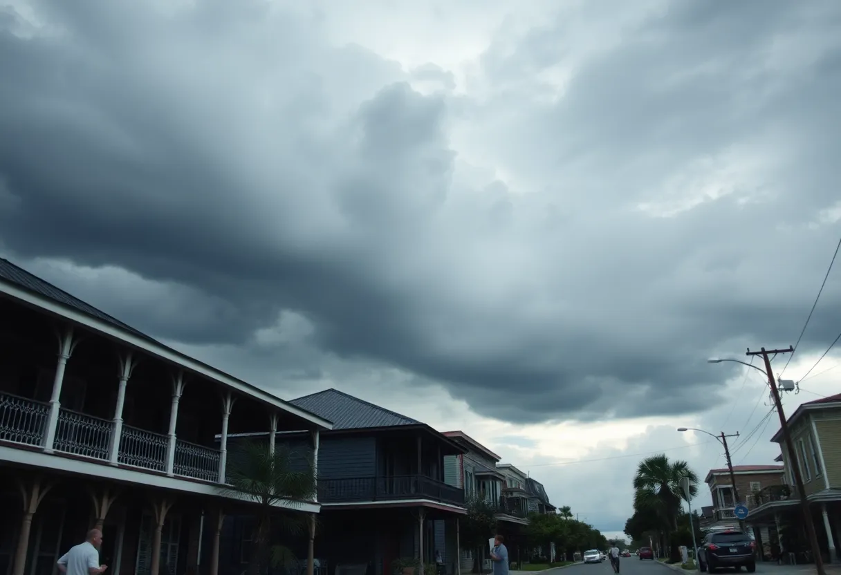 Gathering storm clouds over New Orleans with people preparing for rain