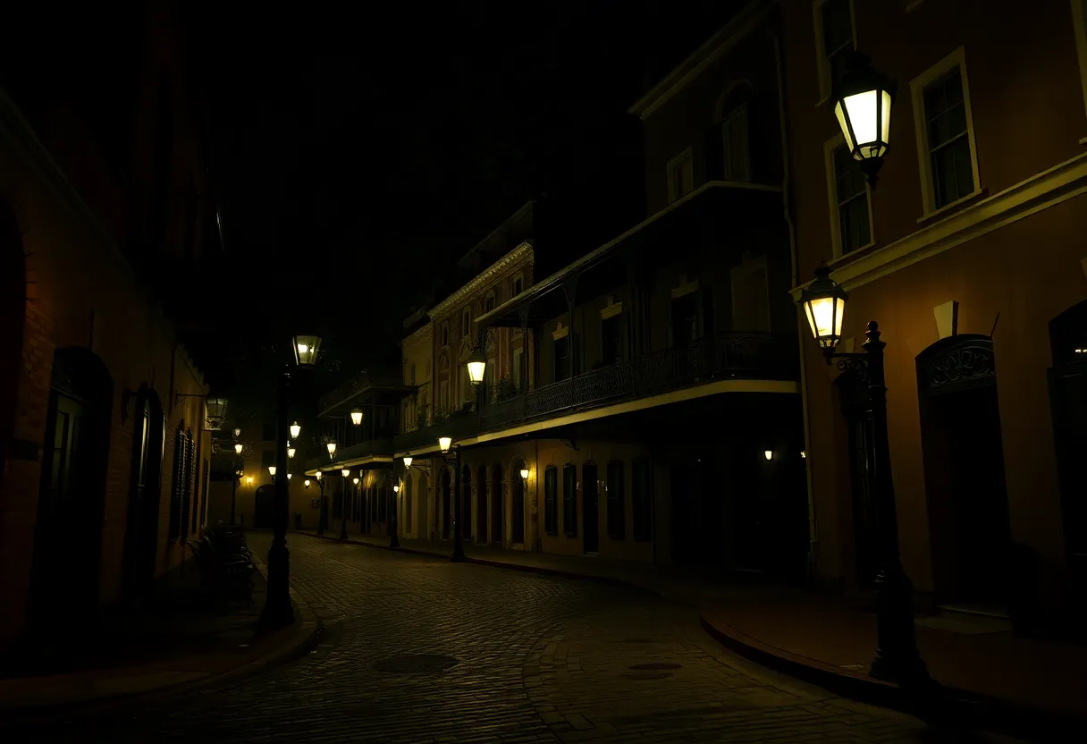 Spooky nighttime scene in the French Quarter, New Orleans.