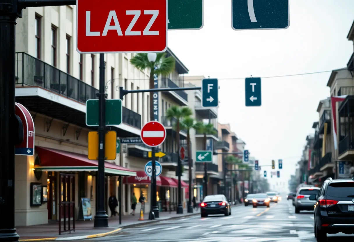 Busy street in New Orleans after rain with vehicles