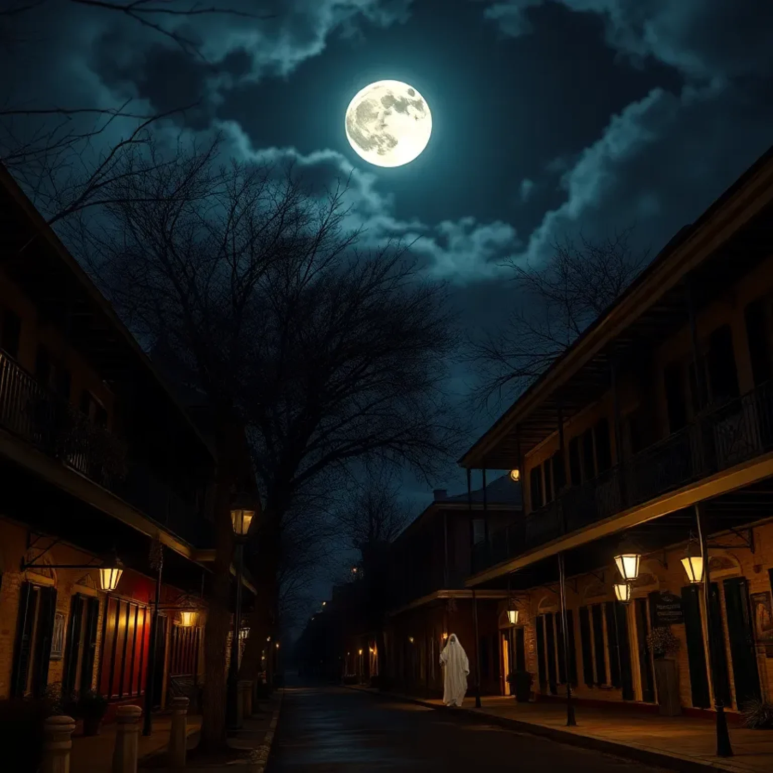 Eerie night view of a haunted street in New Orleans