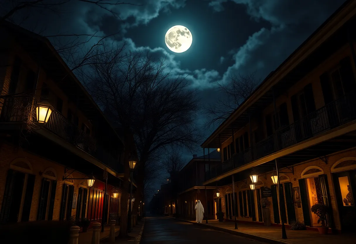 Eerie night view of a haunted street in New Orleans