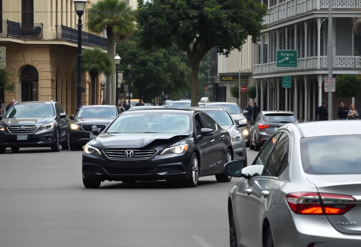 A car accident scene on a street in New Orleans.