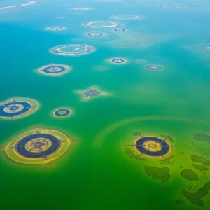 Submerged abandoned oil wells in Louisiana coastal waters.