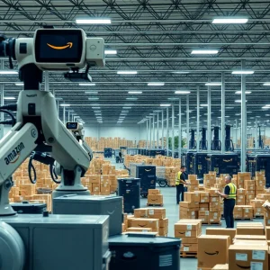 Amazon delivery facility with packaging and robotics