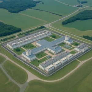 Aerial view of Angola Prison surrounded by landscapes