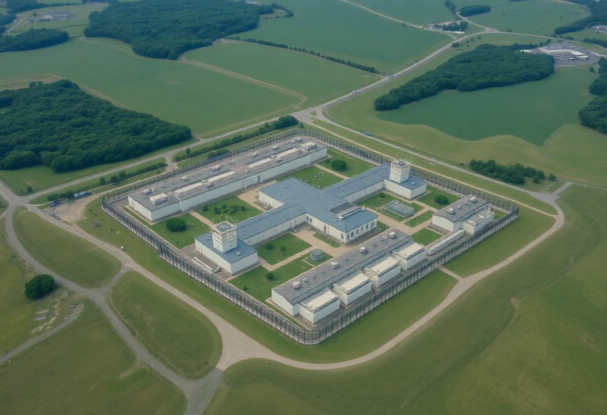 Aerial view of Angola Prison surrounded by landscapes