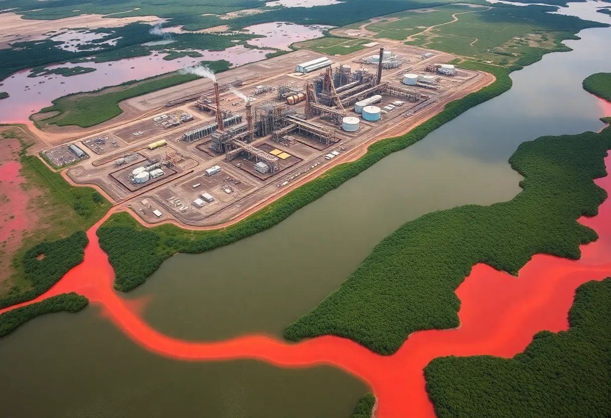 Red runoff from Atalco bauxite refinery contaminating nearby swamps