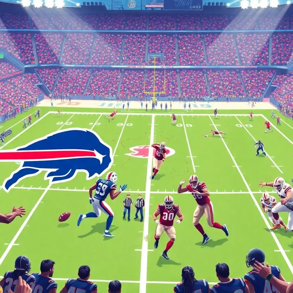 Buffalo Bills and New Orleans Saints players on the field during a football game