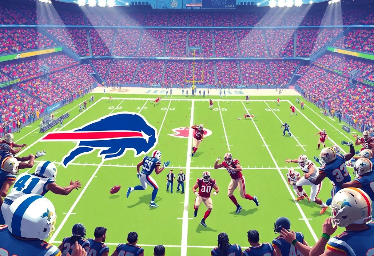 Buffalo Bills and New Orleans Saints players on the field during a football game