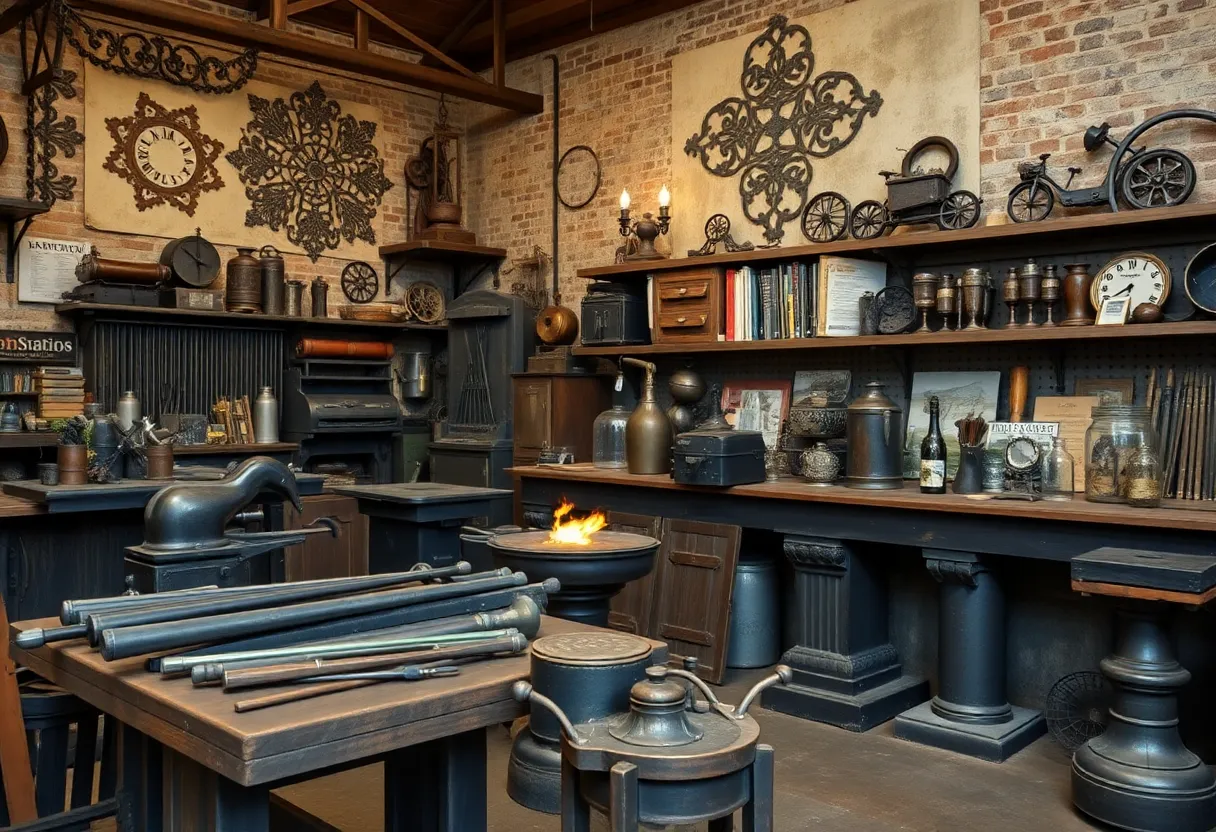 Blacksmith shop interior with tools and ironwork.