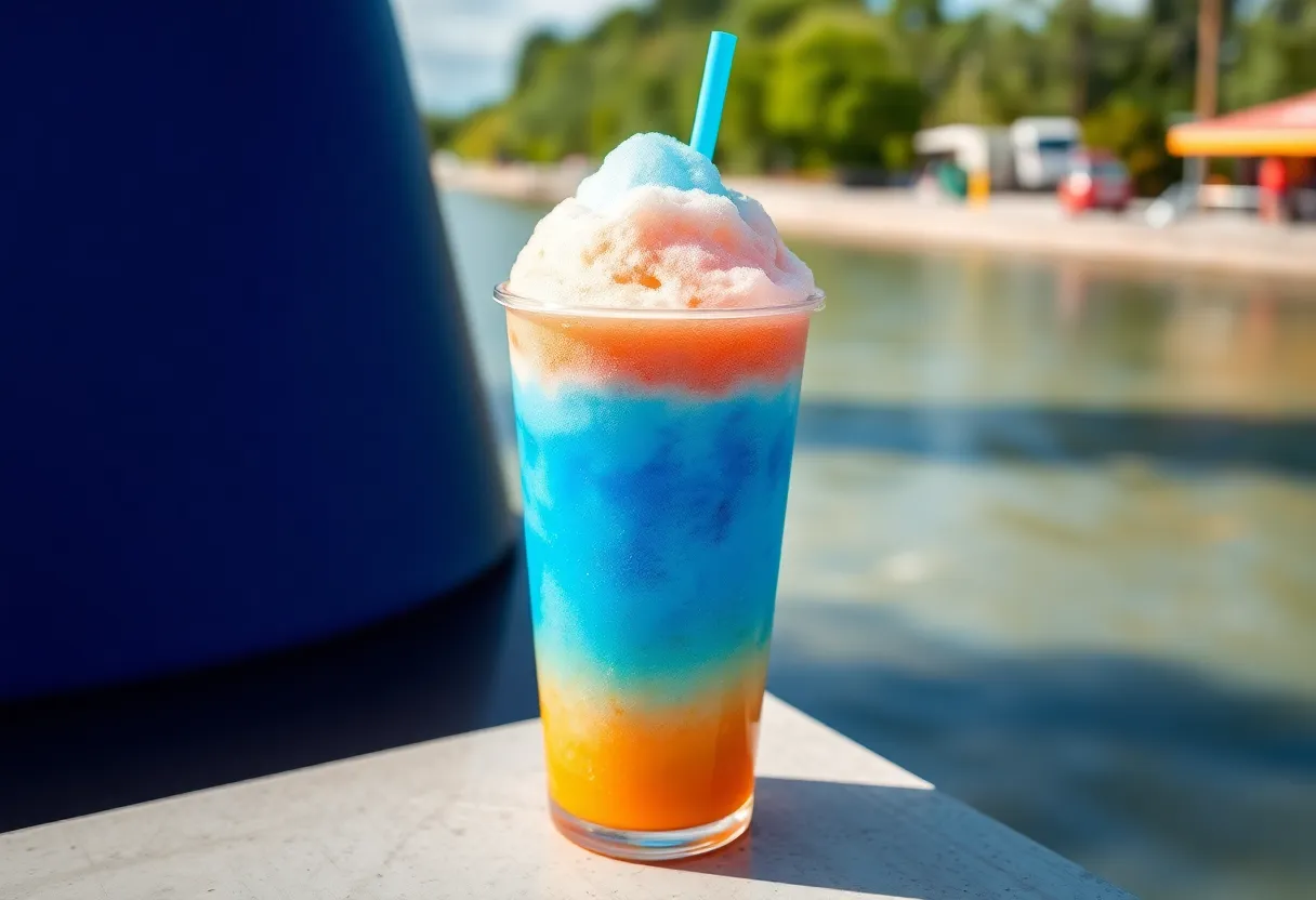 Blue Pelican Slush drink next to clean water in Louisiana