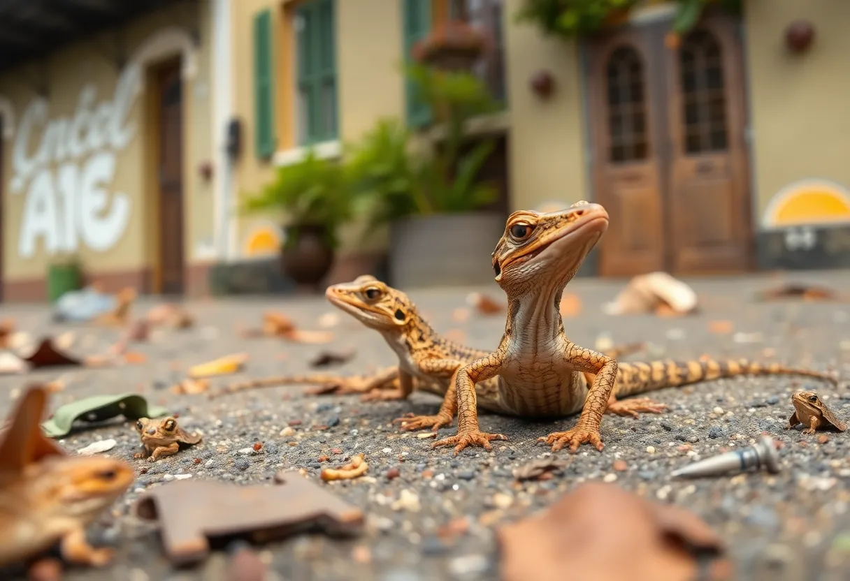 Brown anole lizards amidst urban pollution in New Orleans