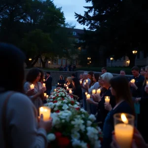 Attendees holding candles at a university vigil