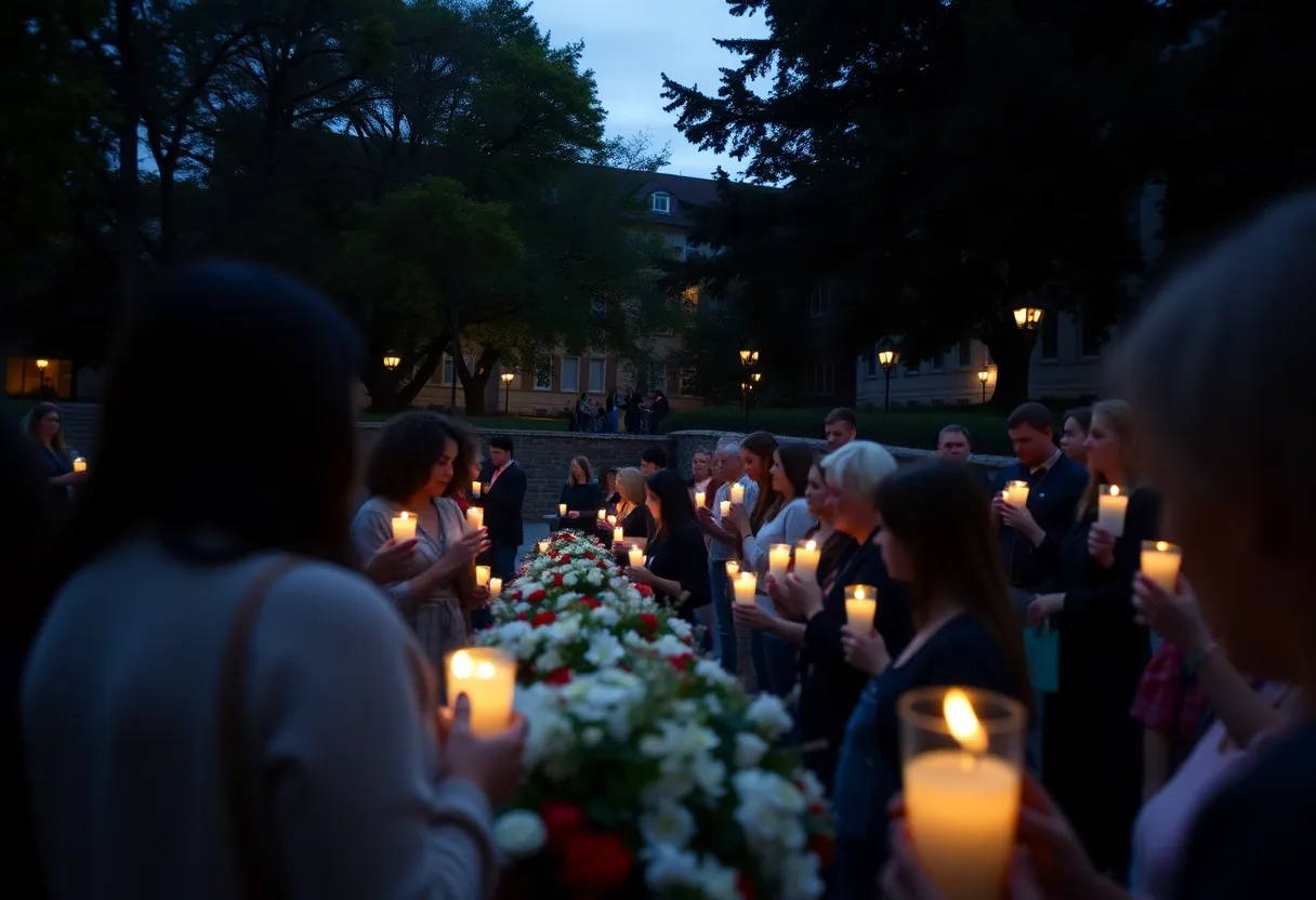 Attendees holding candles at a university vigil