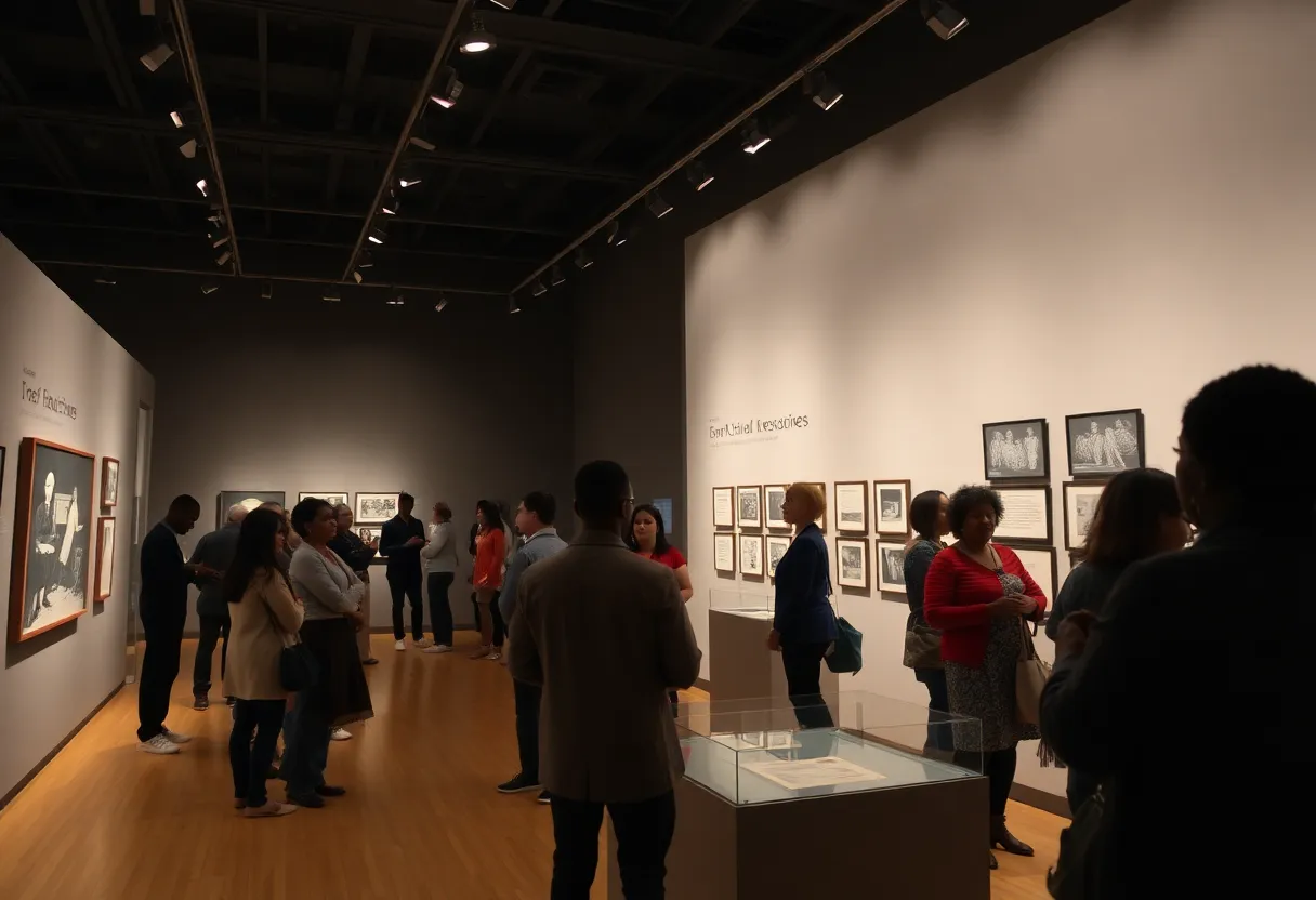 Visitors engaging with an art installation at the Captive State exhibition in New Orleans.