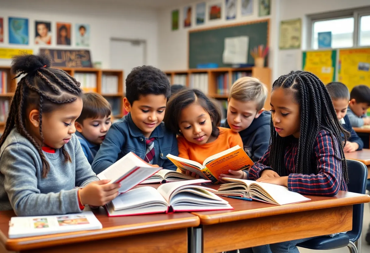 Students engaged in reading activities in a traditional public school classroom