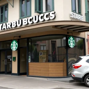 A closed Starbucks store in a New Orleans neighborhood, highlighting the sign and empty seating area.