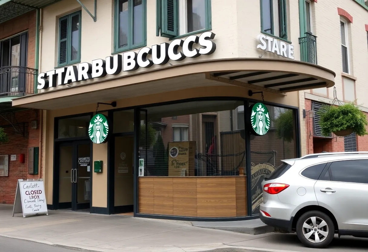 A closed Starbucks store in a New Orleans neighborhood, highlighting the sign and empty seating area.