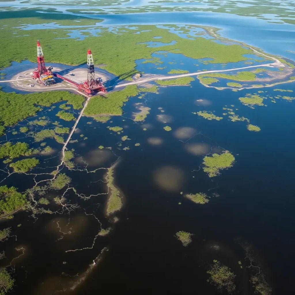 Aerial view of Louisiana's coastal wetlands showing signs of environmental damage