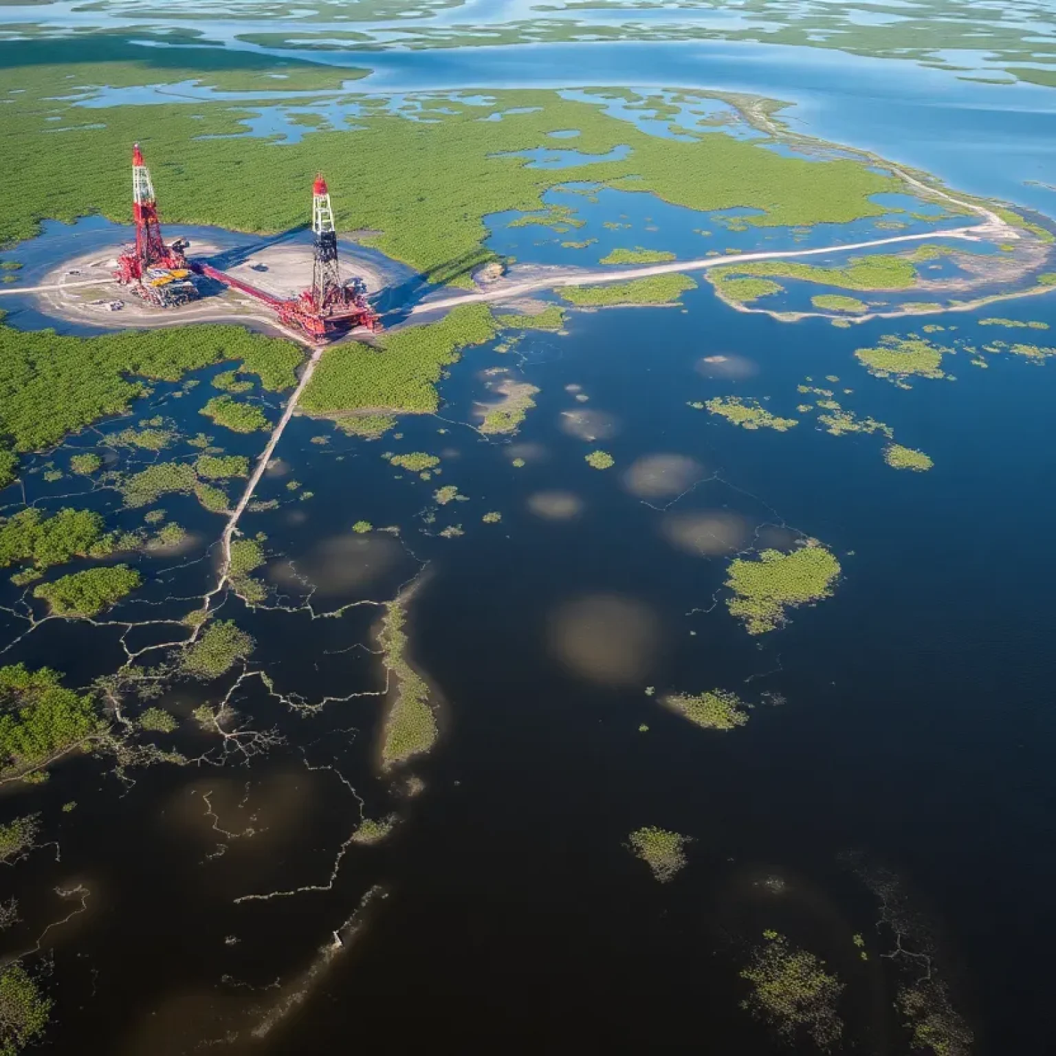Aerial view of Louisiana's coastal wetlands showing signs of environmental damage