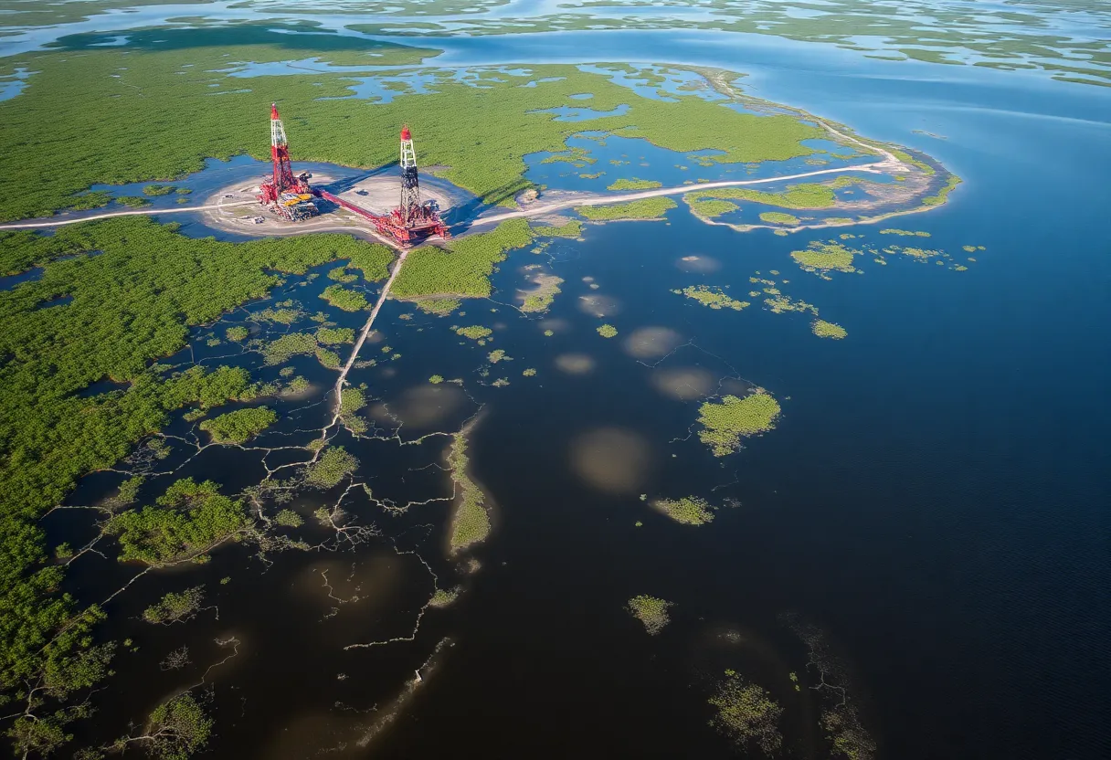 Aerial view of Louisiana's coastal wetlands showing signs of environmental damage