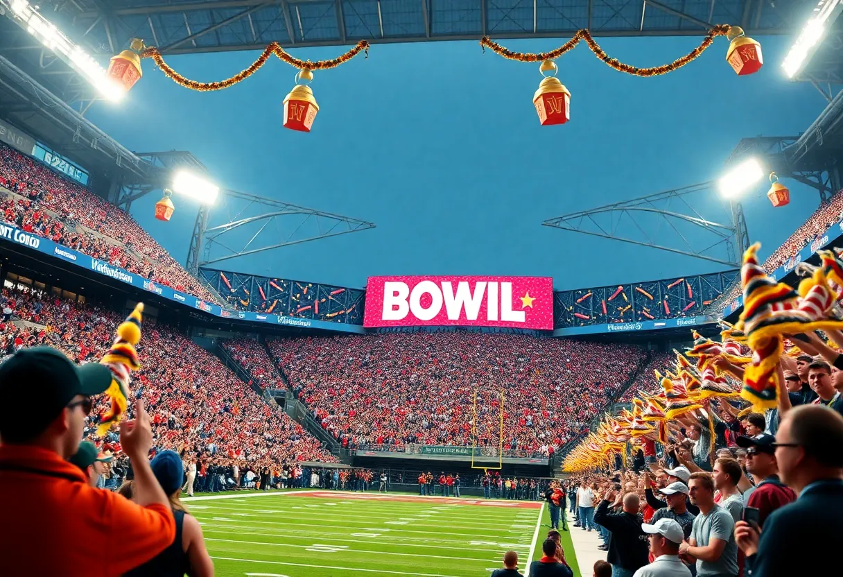 A packed stadium during a college football bowl game with fans in vibrant colors and banners.