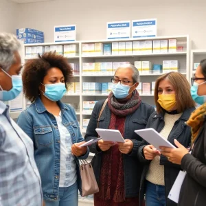 Community members engaging in a discussion about COVID-19 vaccination in a pharmacy.