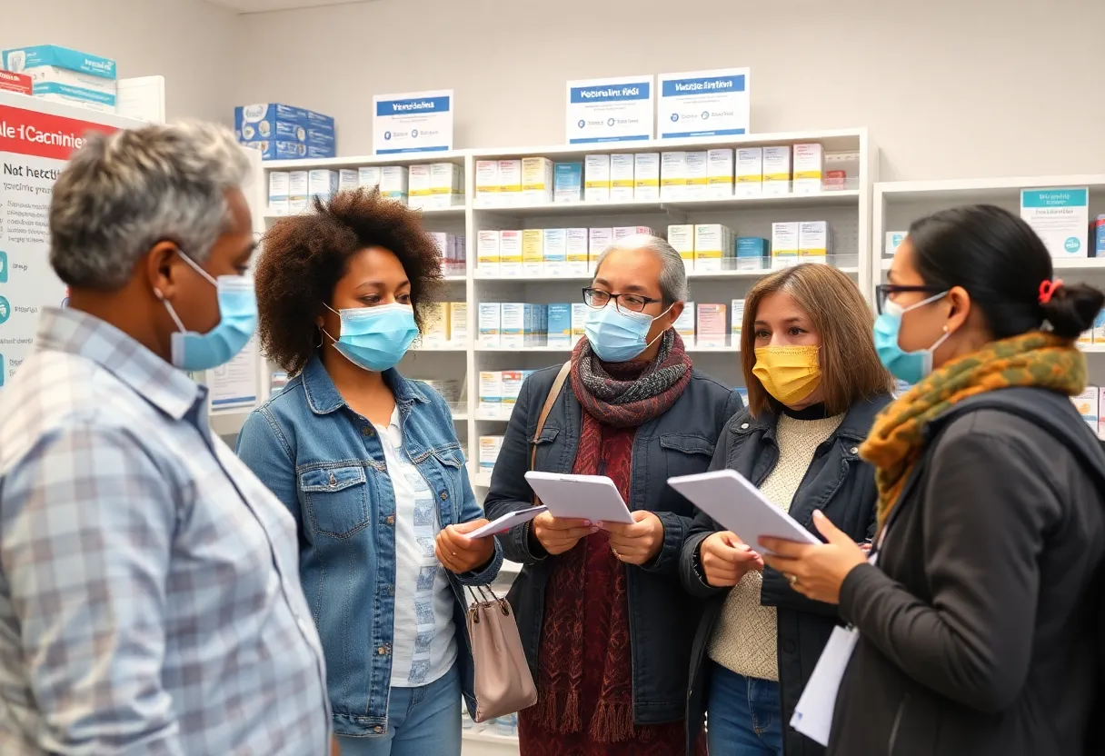Community members engaging in a discussion about COVID-19 vaccination in a pharmacy.