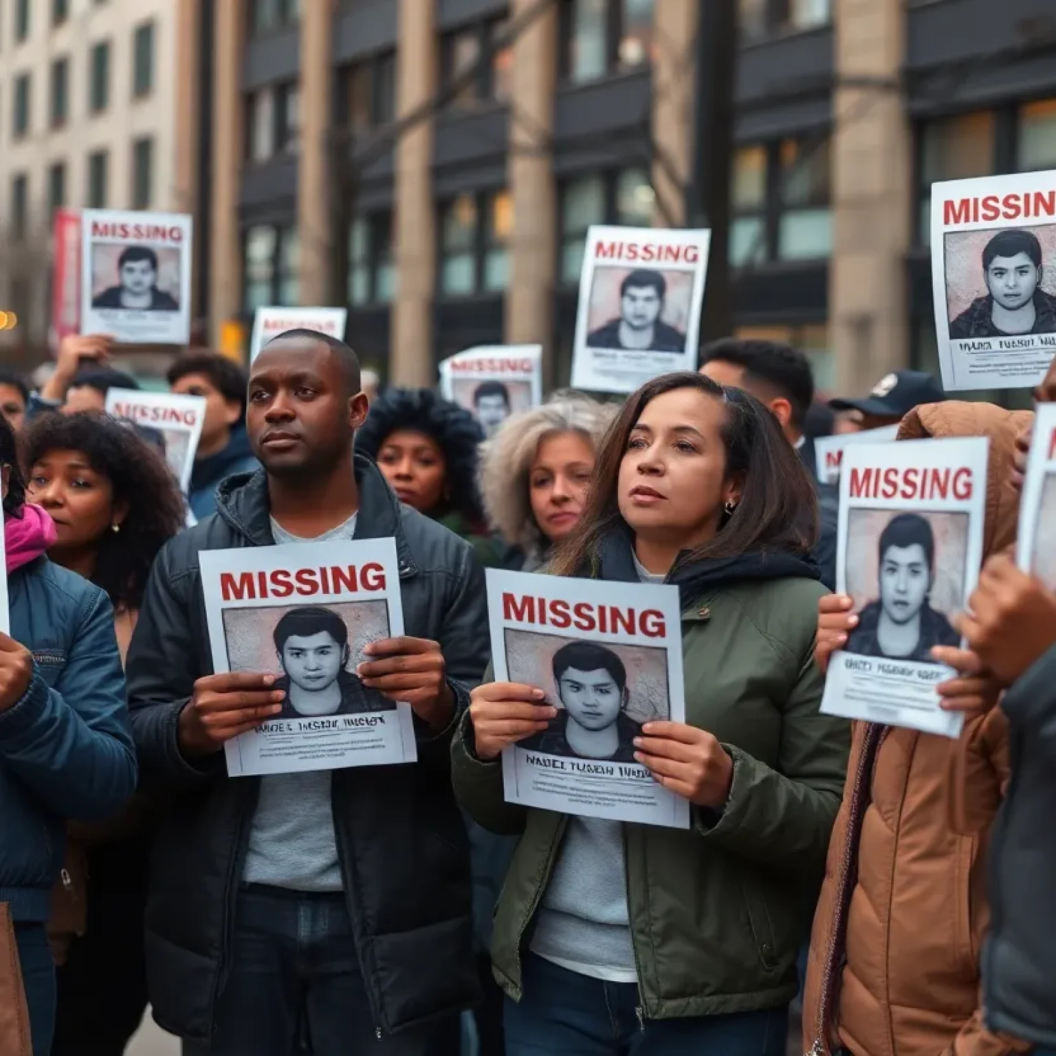 A group of people holding flyers about missing persons in a community gathering.
