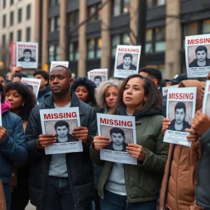 A group of people holding flyers about missing persons in a community gathering.
