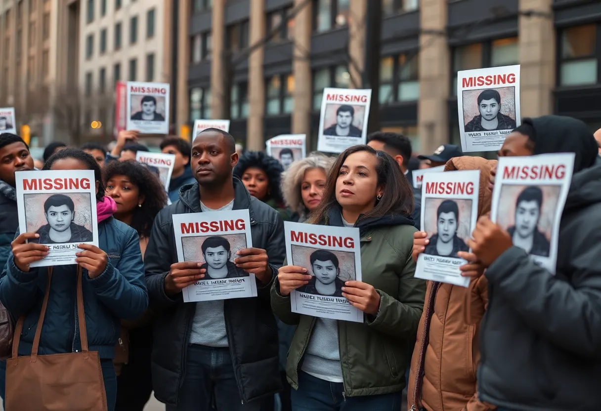 A group of people holding flyers about missing persons in a community gathering.