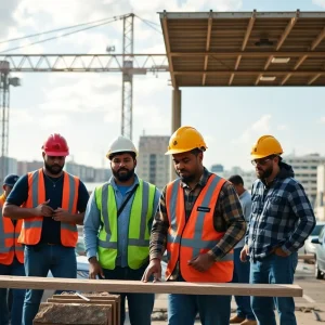 Latino construction workers collaborating in New Orleans during recovery efforts