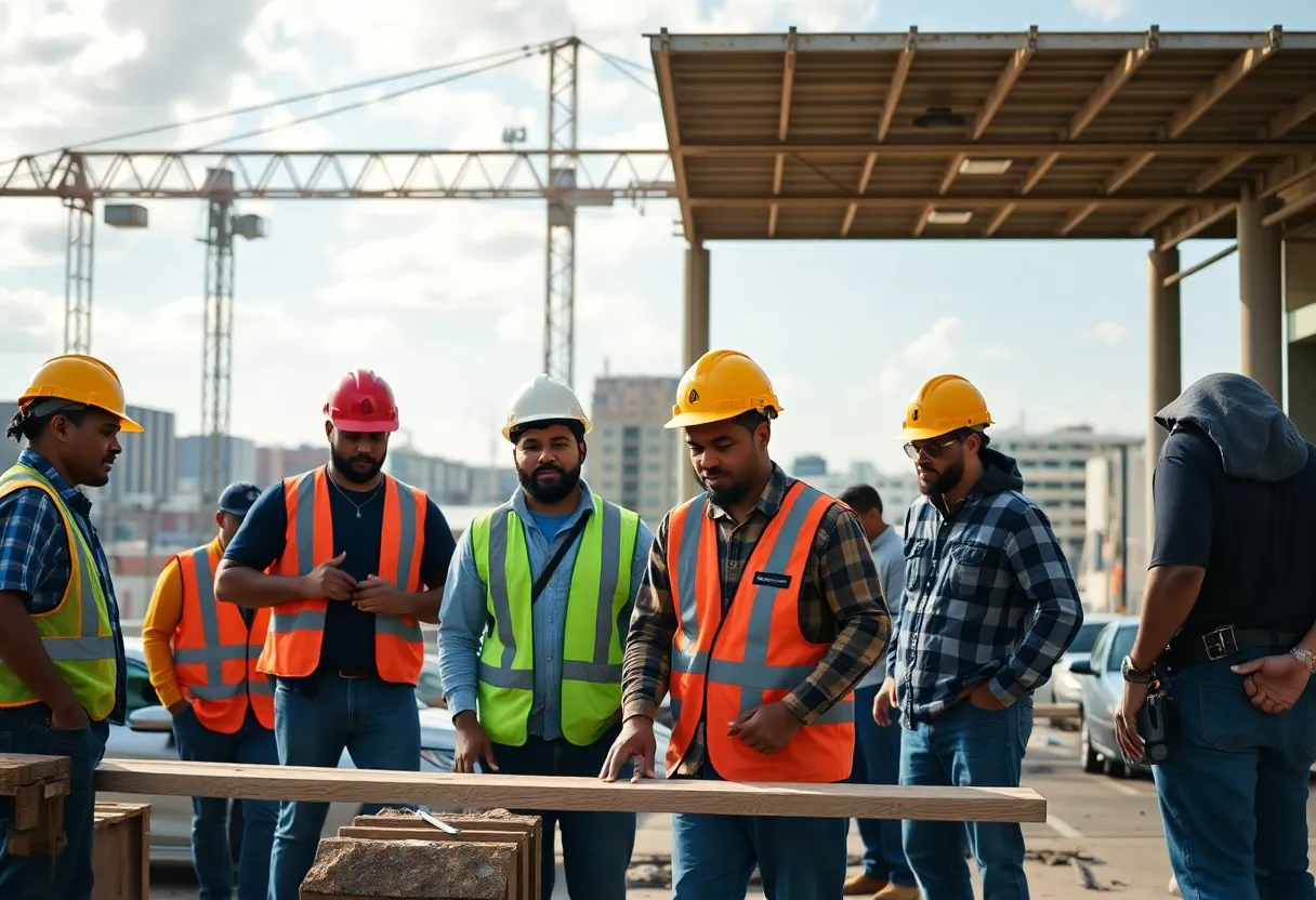 Latino construction workers collaborating in New Orleans during recovery efforts
