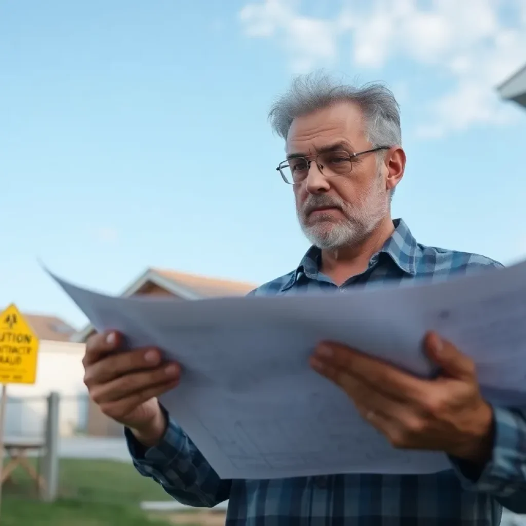 Homeowner examining construction plans for potential contract issues