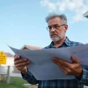 Homeowner examining construction plans for potential contract issues