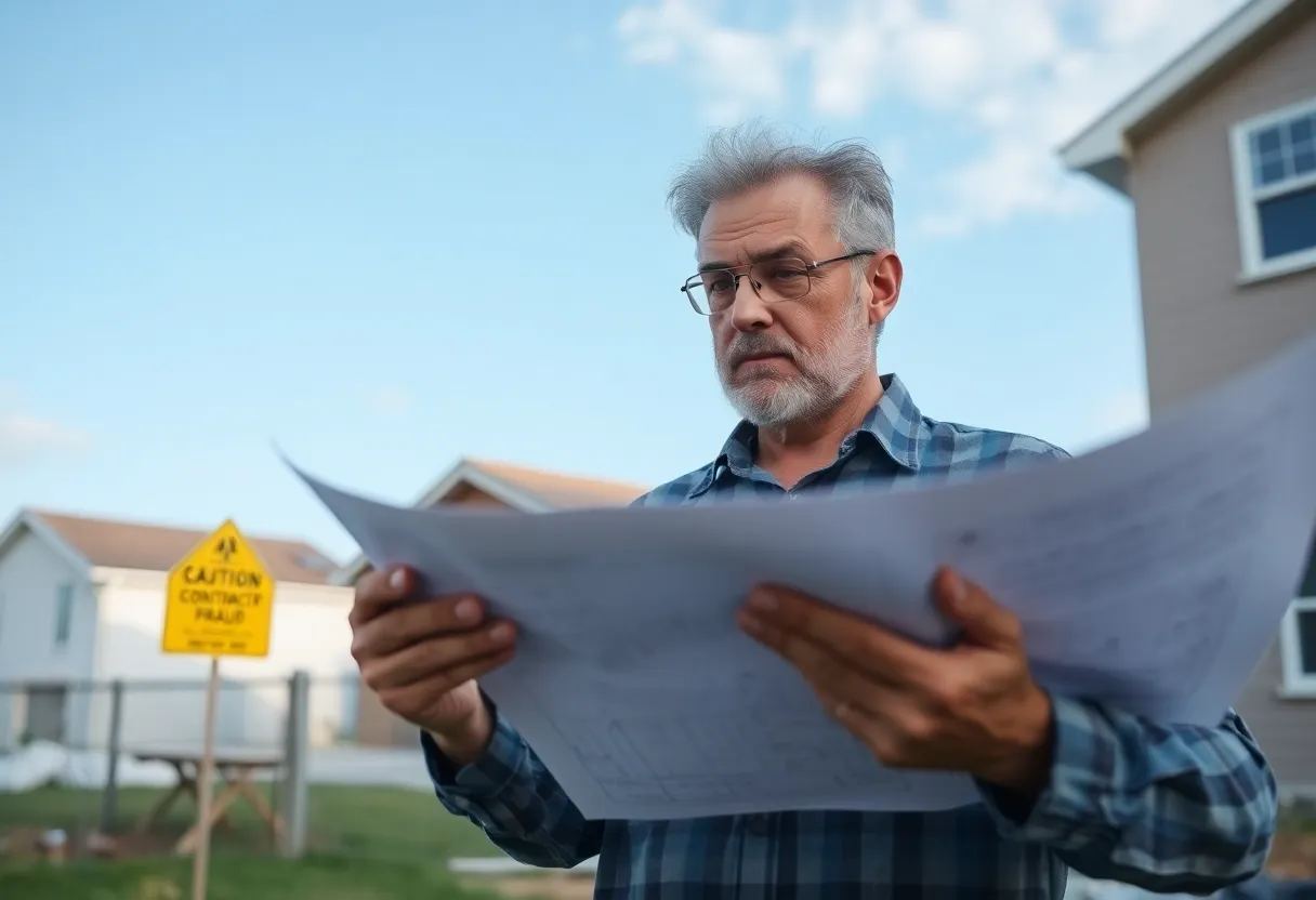 Homeowner examining construction plans for potential contract issues