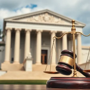 Courthouse with gavel and scales of justice