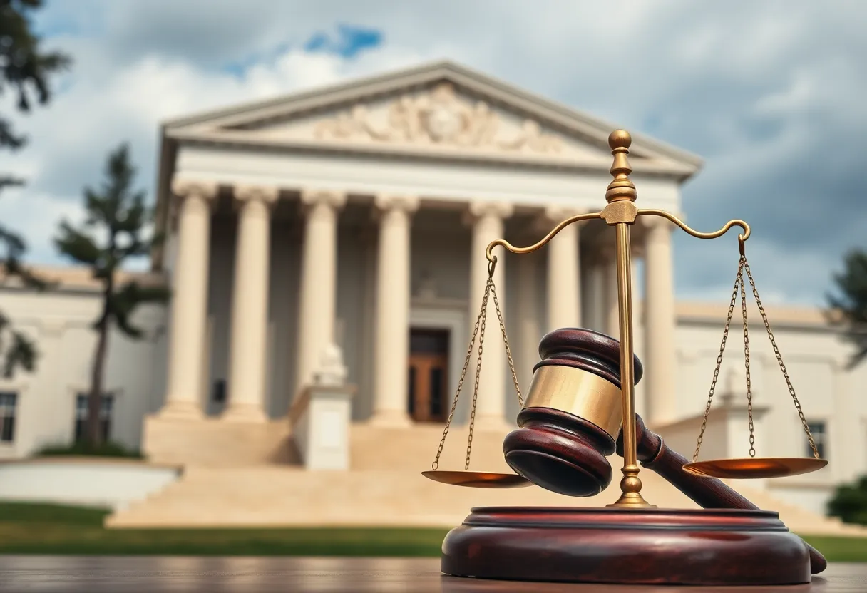 Courthouse with gavel and scales of justice