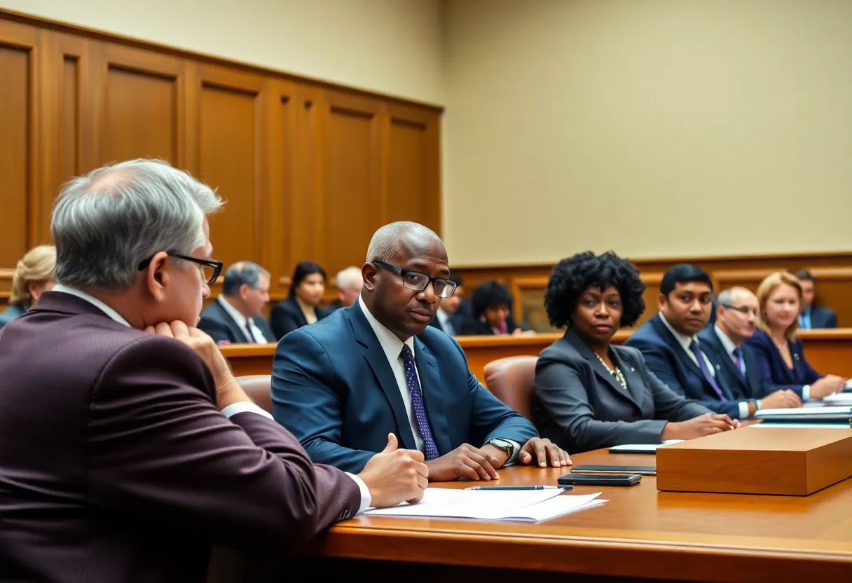 Lawyers discussing voting rights in a courtroom