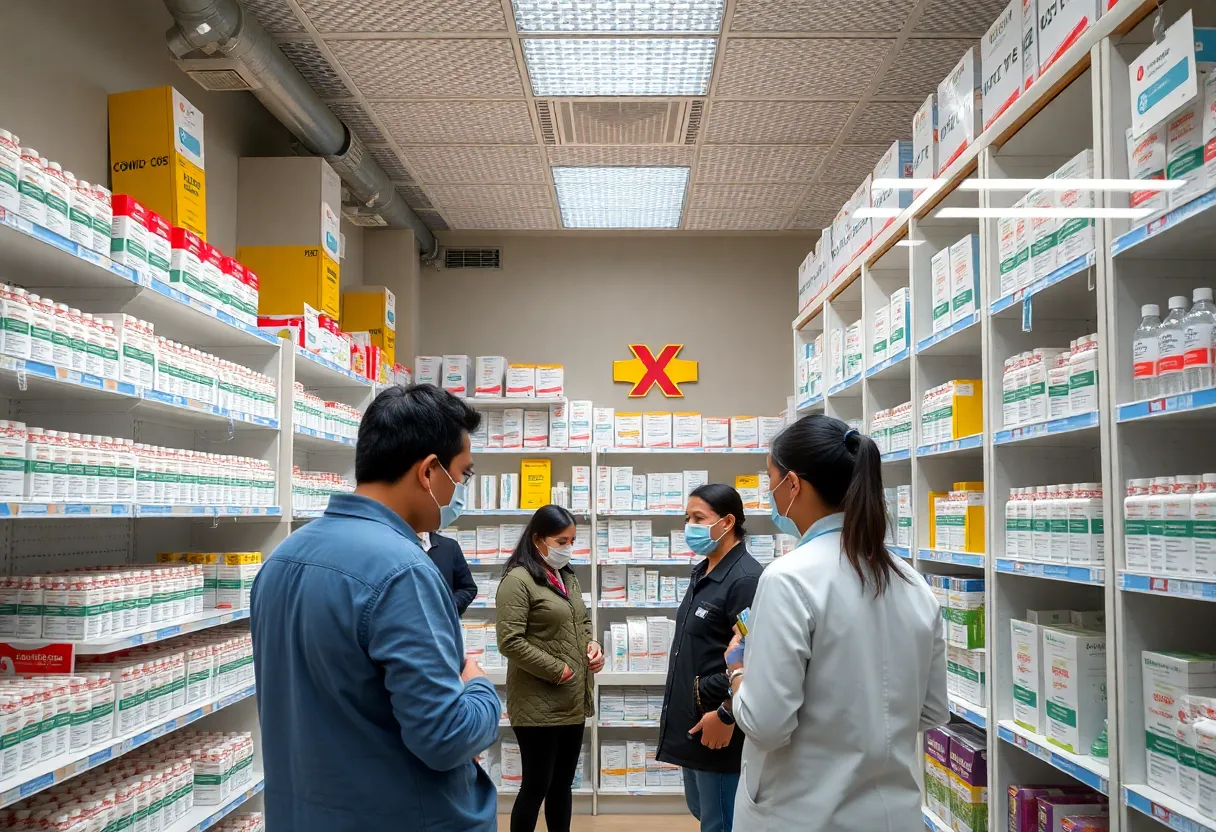 Pharmacy interior with COVID-19 vaccines on display