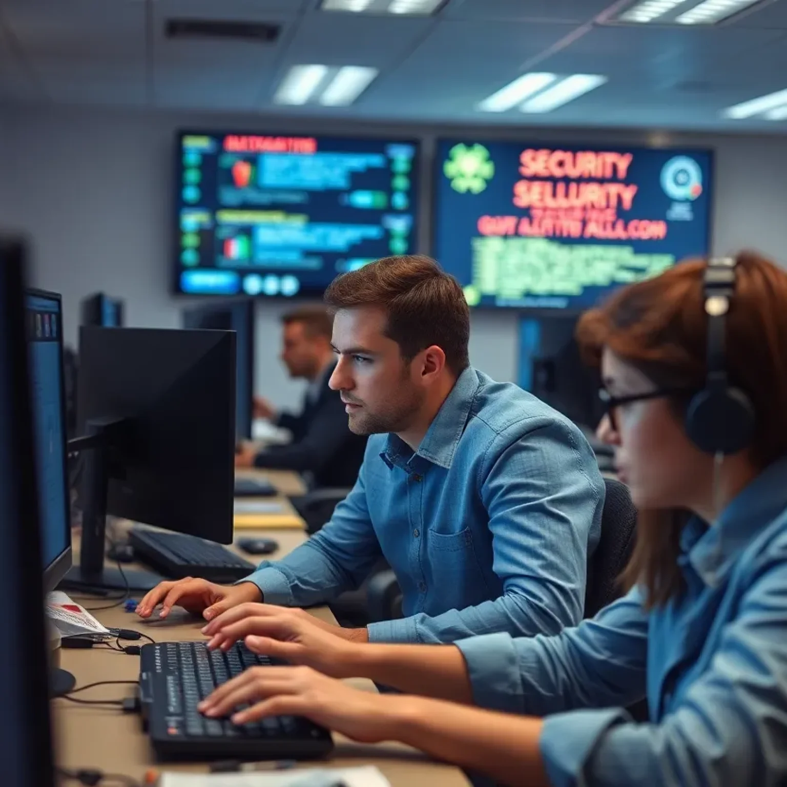 Employees in a government office responding to a ransomware cyberattack