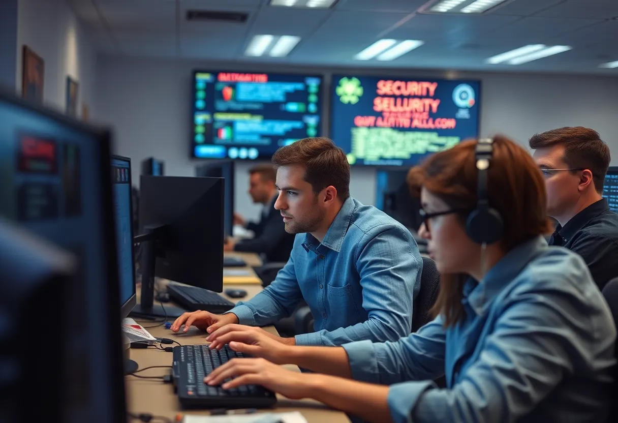Employees in a government office responding to a ransomware cyberattack