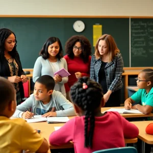 Students actively participating in a classroom at a charter school in Louisiana.