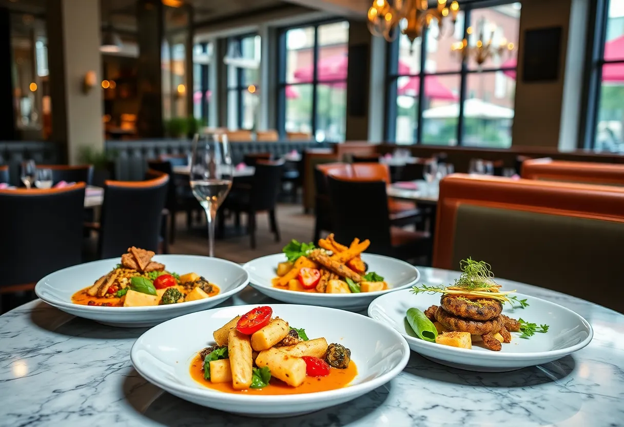 Elegant dining setup with colorful gourmet dishes in a New Orleans restaurant.